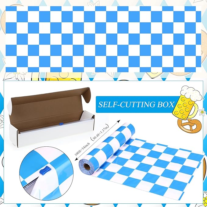 Tudomro 54 Inch x 100 FT Oktoberfest Tablecloth Roll, Oktoberfest Themed Party Supplies, Waterproof Plastic Blue and White Checkered Tablecloth for German Themed Birthday Party Decorations