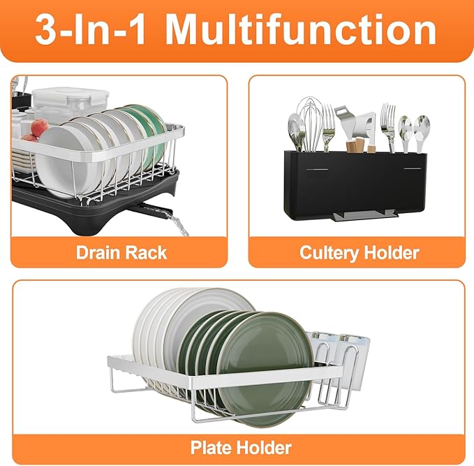 Dish Drying Rack - 2-Tier 304 Stainless Steel Dish Rack for Kitchen Counter, Adjustable Spout Auto-Draining Dish Rack, Kitchen Organizers and Storage Rack with Drainboard and Cutlery Holder Black