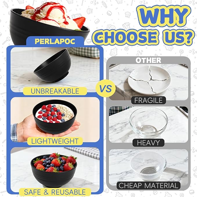 Wheat Straw Small Bowls Set of 6, Unbreakable 10 OZ Mini Dessert Bowls, Snack Bowl for Kitchen, Picnic, Microwave & Dishwasher Safe Bowl Set for Ice Cream, Fruits, Appetizer, Black