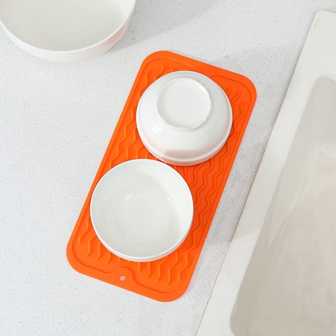 Silicone Dish Drying Mat for Multiple Usage,Easy clean,Eco-friendly,Heat-resistant Silicone Mat for Kitchen Counter or Sink,Refrigerator or Drawer Liner Orange S 12 inches x 6 inches