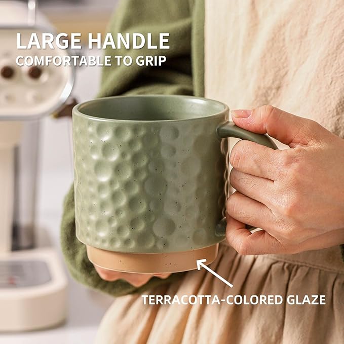 Nihow Ceramic Coffee Mug Set of 4, 16OZ Stackable Coffee Mug Set with Stainless Stand,Large Cup Set for Cappuccino,Tea,Hot/Cold Drinks,Dishwasher & Microwave Safe,Matte Green