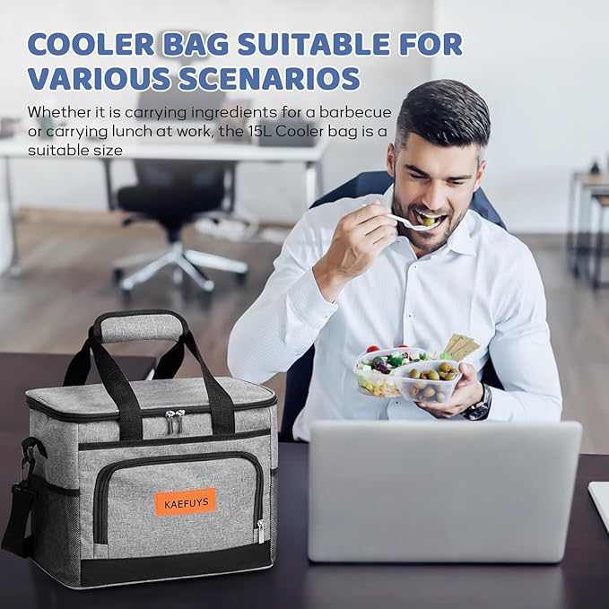 Insulated Cooler Bag for Men/Women 15L Soft Cooler Bag with Adjustable Shoulder Strap, Leakproof for Work, Camping, Travel, Picnic