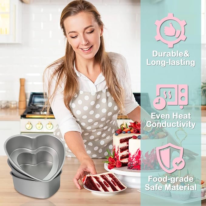 3-Pack 8-Inch Heart Shaped Cake Pans, Durable Anodized Aluminum Pans with Removable Bottom, Ideal for Baking, DIY Projects, Birthdays & Weddings, Heart Pans Chiffon Cake Mold for Oven Baking