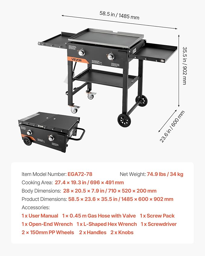 VEVOR Gas Griddle, 2-Burner Flat Top Grill, 28 inch Grill Plate Foldable Propane Griddle with Wheels, 30000 BTU Outdoor Flat Top Grills for Pan-Frying, Grilling, Stir-Frying, & BBQ, Pulse Ignition