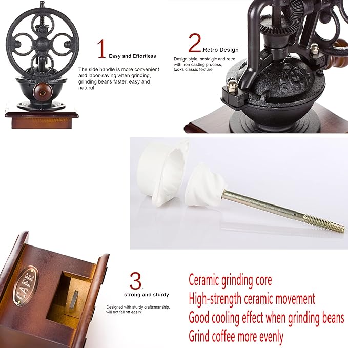 Manual Vintage Style Hand Coffee Grinder, Roller Mill, Cast Iron, Adjustable Grind Thickness