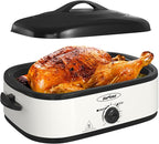 Sunvivi 14-Quart Roaster Oven with Self-Basting Lid, Electric Turkey Roaster Oven with Removable Pan and Rack, Stainless Steel, White