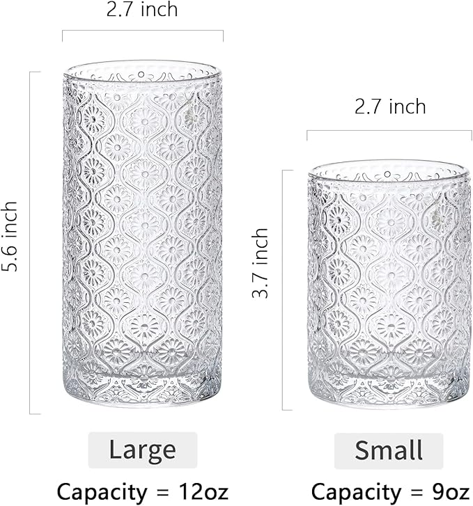 Glass Cups Vintage Glassware Set of 4, Drinking Glasses 9oz, Embossed Pattern Style Transparent Cocktail Glasses Set, for Ice Coffee,Juice,Beer,Bar Beverages,Drinkware, Transparent (S)