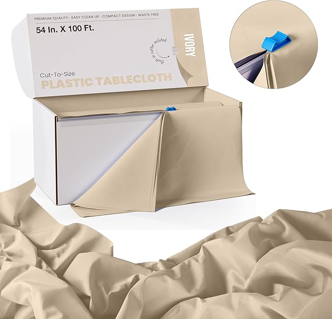 Exquisite Party Solids 54 Inch X 100 Feet Ivory Plastic Table Cover Roll in A Cut - to - Size Box with Convenient Slide Cutter. Cuts Up to 12 Rectangle 8 Feet Plastic Disposable Tablecloths