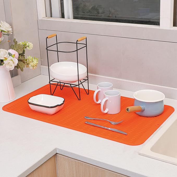 Silicone Dish Drying Mat for Multiple Usage,Easy clean,Eco-friendly,Heat-resistant Silicone Mat for Kitchen Counter or Sink,Refrigerator or Drawer Liner Orange 4XL 32 inches x 18 inches