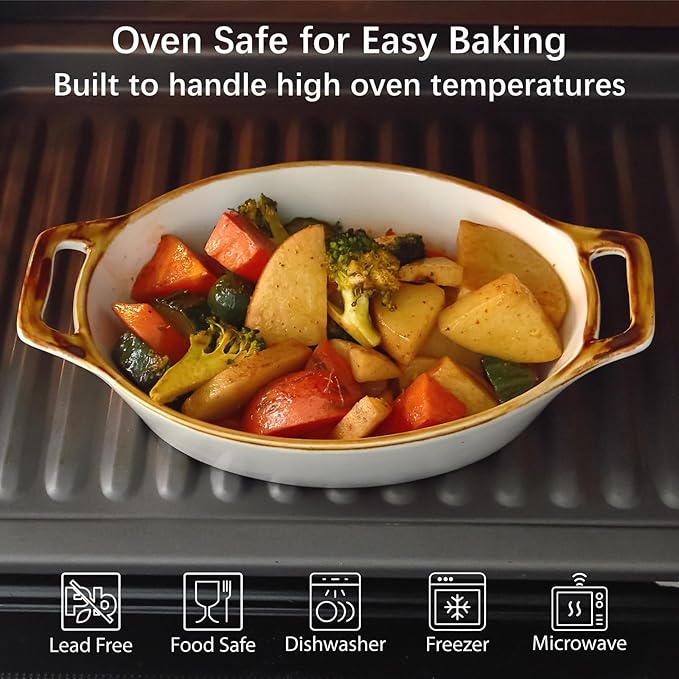 Au Gratin Baking Dish, Ceramic Oval Baking Dishes with Handles, 20 oz Small Casserole Dishes for Oven, 6x8 Individual Baking Dishes for Oven, Single Serving Dishes for 1-2 People, Set of 4, Brown Rim