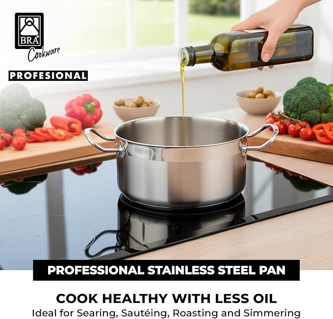 BRA COOKWARE Profesional 9-Piece Stainless Steel Cookware Set | Professional Pots & Pans Set | Kitchen Set w/ 2 Pots, 1 Sauté Pan, 3 Frying Pans, 3 Lids | All Heat Sources Compatible | PFOA Free