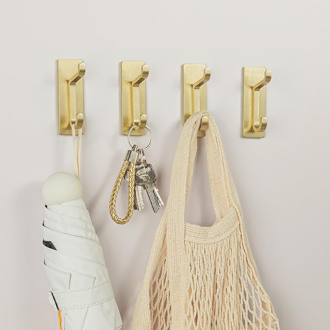 pickpiff Self Adhesive Hooks, Extra Sticky 10LB (Max), Heavy Duty Stainless, Stick On Wall and Door Hooks for Hanging, Bathroom Towel Hooks and Coat Hooks, Robe Hook Wall Mounted, Gold, 4 Pack