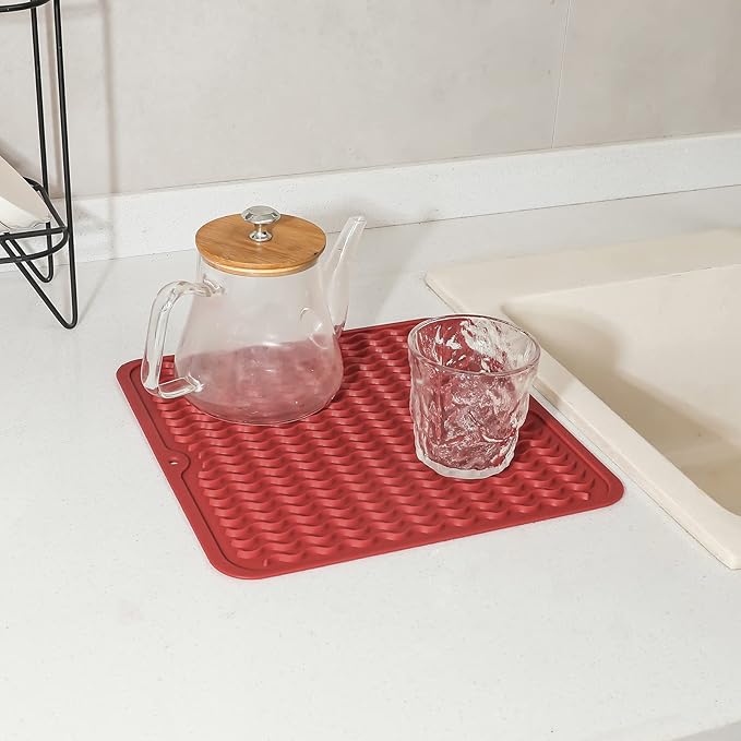 Silicone Dish Drying Mat for Multiple Usage,Easy clean,Eco-friendly,Heat-resistant Silicone Mat for Kitchen Counter or Sink,Refrigerator or Drawer liner Red M 12 inches x 12 inches