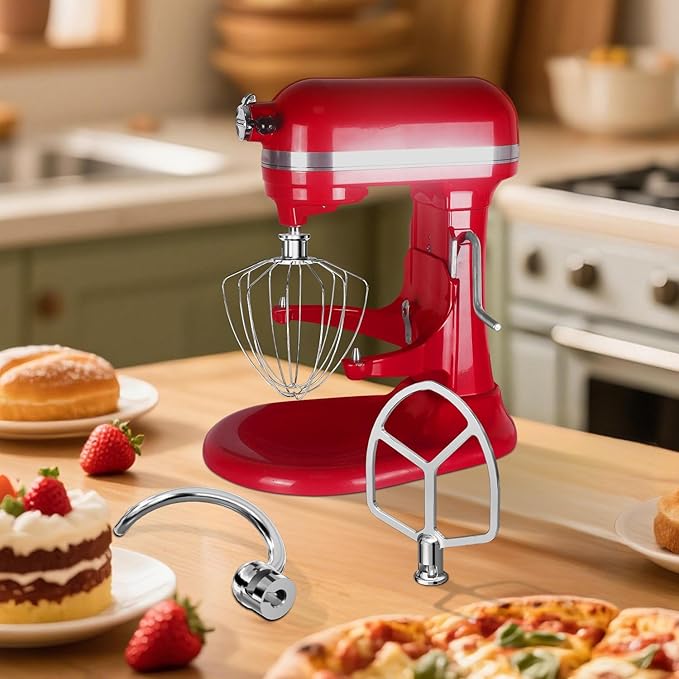 Stainless Steel Attachments 3-Piece for KitchenAid 5.5-6 QT Bowl-Lift Stand Mixer and Mixing Bowl,Includes Wire Whisk, Flat Beater, Dough Hook,Dishwasher Safe and Heavy Duty