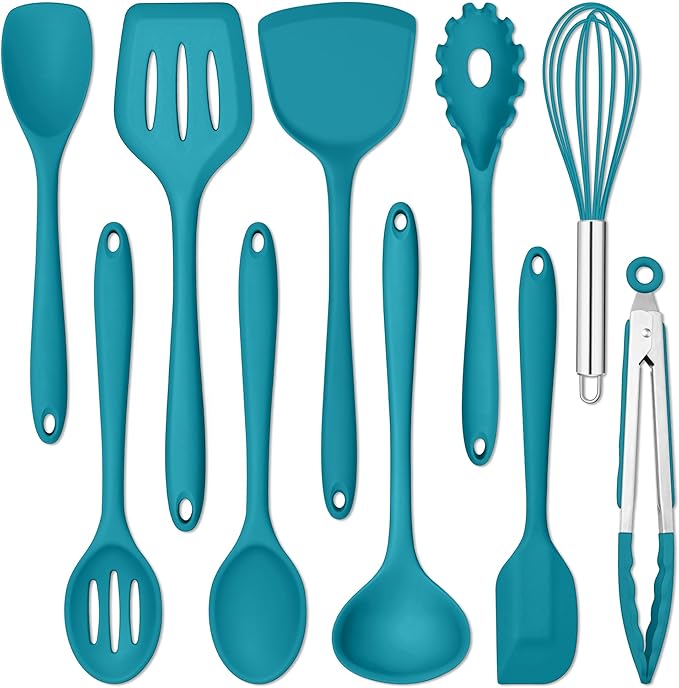 E-far 10 Pieces Silicone Cooking Utensils Set, Heat Resistant Kitchen Utensil Set for Nonstick Cookware, Kitchen Cooking Tools with Spatula, Spoon, Slotted Turner, Non-Toxic & Dishwasher Safe (Blue)