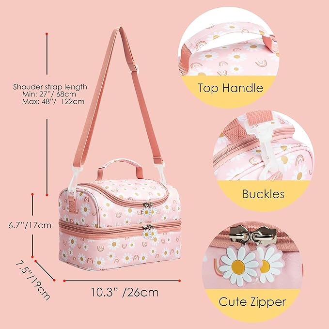 Insulated Kids Dual Compartment Lunch Bags Tote for Girls Boys Toddler Lunch Boxes Pre-School Toddler Kindergarten Elementary Picnic Food Cooler Thermal with Strap (Rainbow Daisies)