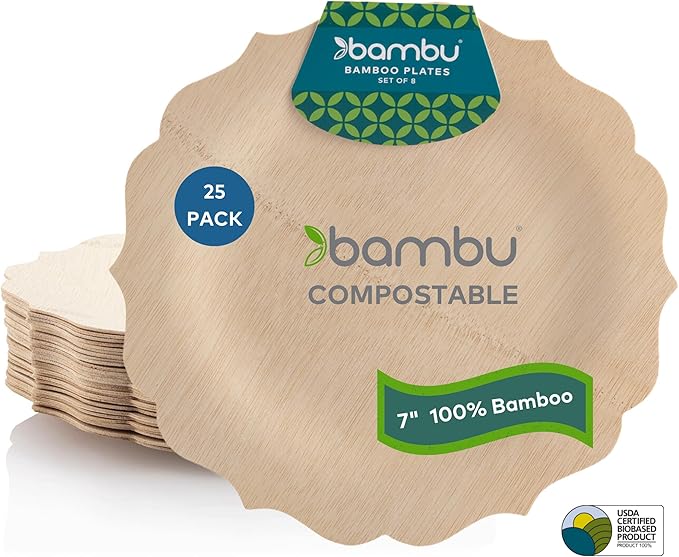 Bambu Pack of 25-7 Inch Disposable Bamboo Plates Fancy, Biodegradable Eco Friendly Products, Bamboo Disposable Plates for Party, Weddings, and Events, Great For Any Occasion, Compostable Plates