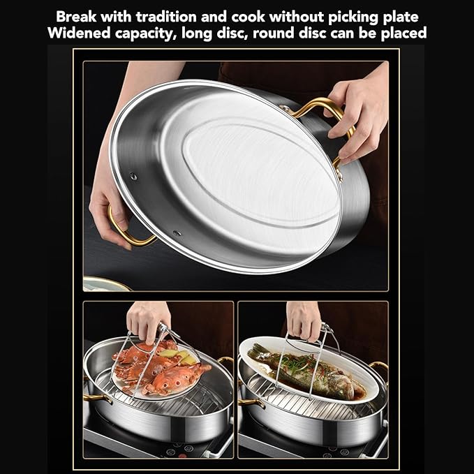 Stainless Steel Fish Steamer, Heavy Duty Oval Steamer Pot with Rack and Ceramic Pan Lid, Multi Use Cookware Stockpot for Steaming Fish, Boiling Soup, Steaming Seafood