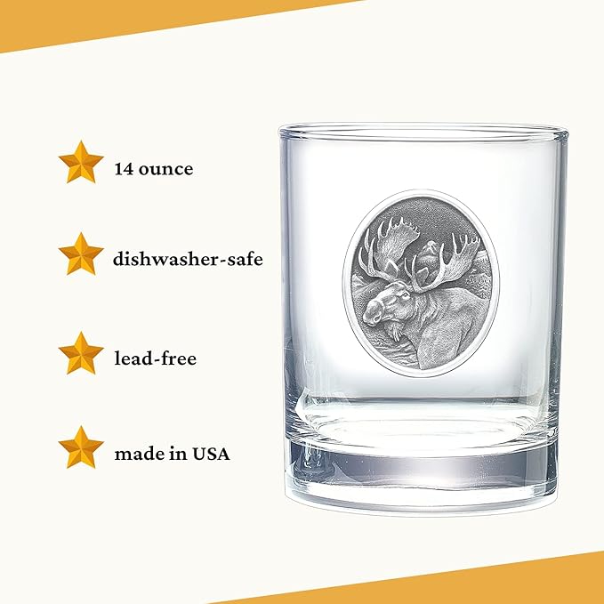 Heritage Pewter Moose Double Old Fashion | Double Rocks Glass 14 OZ for Liquor | Expertly Crafted Pewter Glass