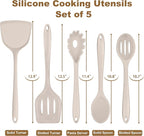 TeamFar Silicone Cooking Utensils, Kitchen Utensils Set of 5, Nonstick Cookware Tools Turners Spoons Pasta Server for Home, Healthy & Heat-Resistant, Seamless & Non-Scratch, Dishwasher Safe, Khaki