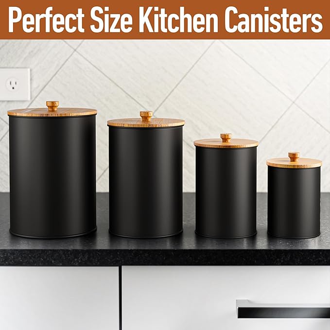 Kitchen Canisters for Countertop Set of 4 with Customizable Chalkboard Labels & Marker Pen - Big Iron Kitchen Canisters with Airtight Lids - Black Canister Set - Flour and Sugar Containers Farmhouse