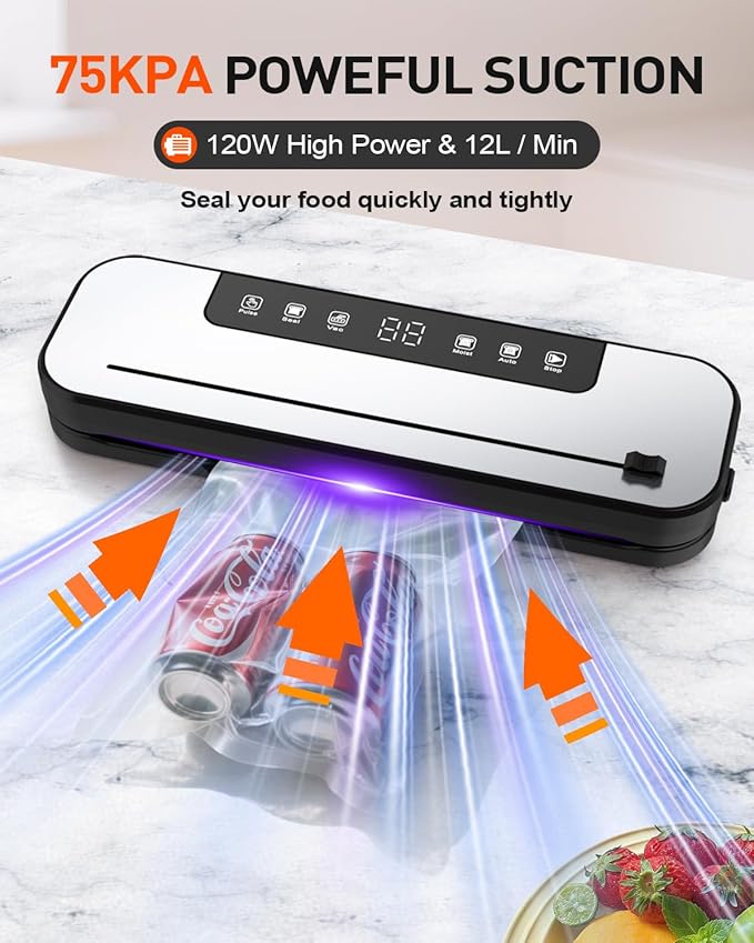 Food Vacuum Sealer Machine, 75kpa Powerful Food Saver Vacuum Sealer Machine with Cutter, 6-in-1 Automatic Air Sealing for Food Storage, Sous Vide, Meat, Vegetables, Dry/Moist Modes