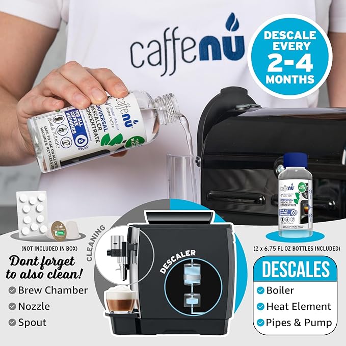 Universal Coffee Machine Descaling Solution. Coffee Machine Descaler Liquid 4 Uses. Descaler Kit. Part of your Barista Accessories Set. Compatible with Nespresso, Phillips, Lavazza, Verismo and More!