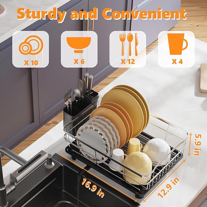 Stainless Steel Dish Drying Rack with Drainboard Dish Drainers for Kitchen Counter Extendable Spout Strainers with Utensil Holder and Knife Slots, Black