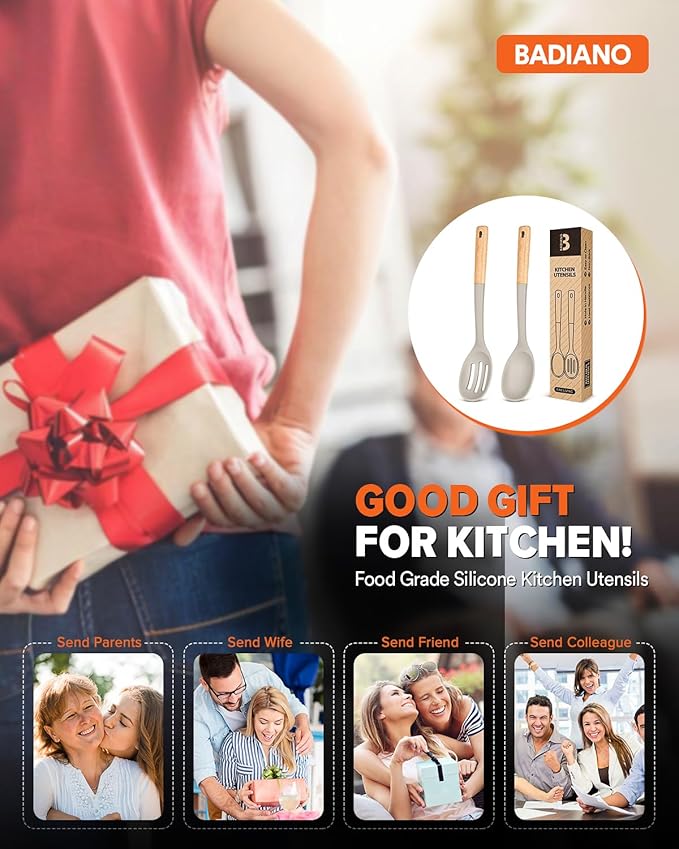 Silicone Cooking Spoons, Great for Scooping Sides and Serving Hearty Stews, BPA-Free Matte Silicone, Wooden Handle Serving Spoon for Nonstick Cooking Surfaces (Khaki)