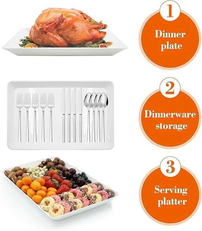 Serving Tray Platter, 4 Pack Food Tray for Veggie Fruit Snack Dessert Cookie Cheese, Food Trays for Party Supplies Display, Plastic Platters for Serving Food, Large White Trays, BPA Free