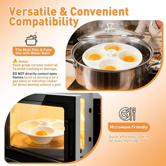 Ceramic Egg Poacher, 4-Cup Egg Poacher Pan Nonstick for Perfect Poached Eggs, Poached Egg Cooker Compatible with Most Pots, Stovetop Cooking, Easy-Clean Egg Cooker Poacher for Perfect Poached Eggs