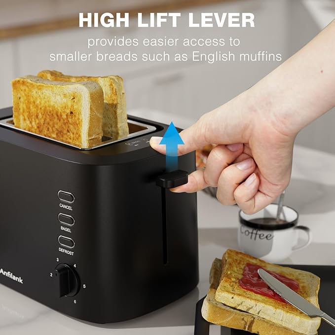 Compact Toaster 2 Slice with 1.5" Extra Wide Slots, Built-in Warming Rack & Removable Crumb Tray, 6 Browning Options, with Defrost/Bagel/Cancel Function - Matte Black