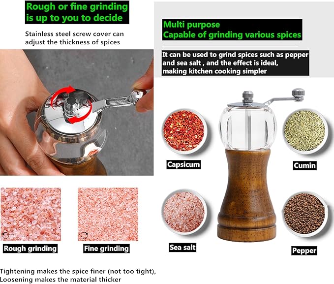 Manual Pepper Mill Acrylic Hand Crank Salt & Peppercorn Grinder Rustic Wooden Pepper Shaker with Adjustable Coarseness Ceramic Core, Metal Handle (Walnut color 1pcs-5in)