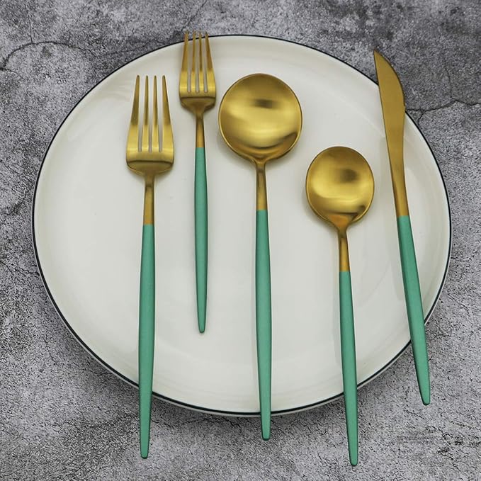 Green Handle Matte Gold Silverware, Gugrida 5-Piece 18/10 Stainless Steel Flatware Set, Kitchen Utensils, Tableware Travel Cutlery for Camping Office Lunch, Satin Finish, Dishwasher Safe