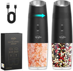 Sangcon Gravity Electric Salt and Pepper Grinder Set RECHARGEABLE Automatic Salt Pepper Shakers USB-C No Battery Needed - LED Light One Hand Operation, External Adjustable Coarseness Pepper Mill