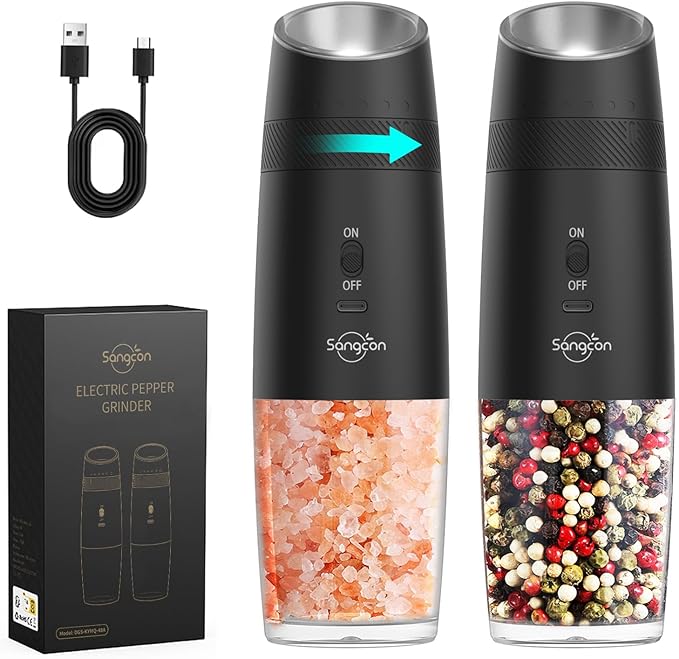 Sangcon Gravity Electric Salt and Pepper Grinder Set RECHARGEABLE Automatic Salt Pepper Shakers USB-C No Battery Needed - LED Light One Hand Operation, External Adjustable Coarseness Pepper Mill