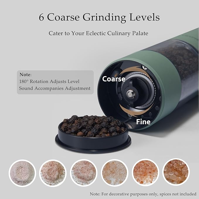 Electric Salt and Pepper Grinder, USB Rechargeable, Automatic Salt and Pepper Shaker, Adjustable Coarseness, Electric Pepper Mill, LED Light, Refillable, Kitchen Gadgets (Sage)