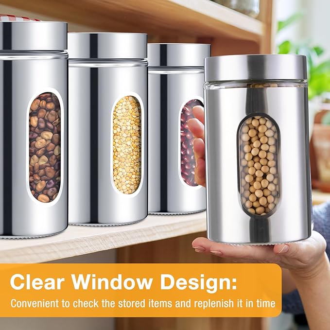 6 Pack Kitchen Canisters Set Airtight Coffee Sugar Tea Candy Storage Jars with Window Glass Stainless Steel Containers with Lids for Flour Cookies Spices Grains Kitchen Decorations(32 oz)