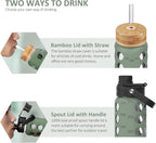 MUKOKO 24oz Glass Water Bottle with 2 Lids-Handle Flip Lid&Bamboo Straw Lid,Motivational Water Tumbler with Time Marker Reminder and Silicone Sleeve, Leakproof-Olive