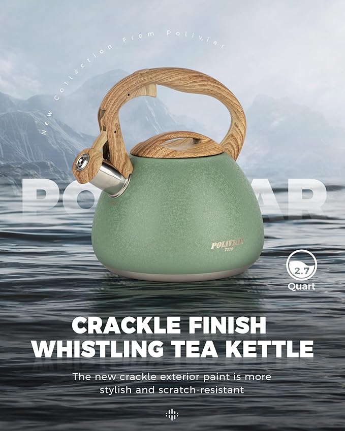 POLIVIAR Tea Kettle, 2.7 Quart Stovetop Tea Kettle, Audible Whistling Teapot with Crackle Finish, Food Grade Stainless Steel for Anti-Rust, Anti Hot Handle, Suitable for All Heat Sources (JX2023-LRG)