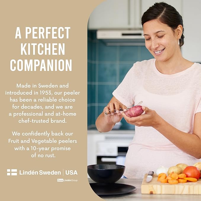 Linden Sweden Soft Grip Peeler - Gray | Rust Resistant Vegetable Peeler with Ergonomic Handle for Safety and Control | Dishwasher Safe Potato Peelers For Kitchen Made In Sweden | 9"L x 2.5"W | 6.5”