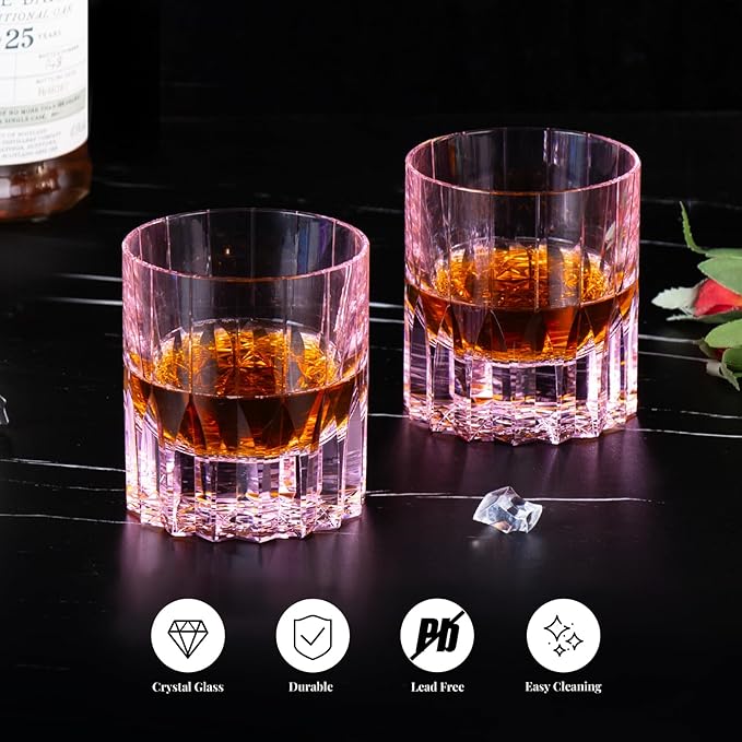 KAMMAK Crystal Whiskey Glasses Set of 2, 7.61 oz (225 ml) Hand Blown Old Fashioned Tumbler, Pink Thick Base Glass with Delicate Rim & Seamless Design for Scotch, Bourbon, Cocktails, Lead-Free Barware
