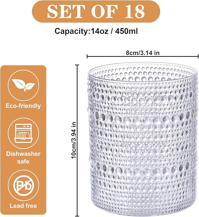 18PCS Plastic Hobnail Drinking Glasses - 14 Oz Clear Vintage Glasses Drinkware - Disposable Beaded Cups for Beer, Whiskey, Juice, Cocktail, Wine, Party