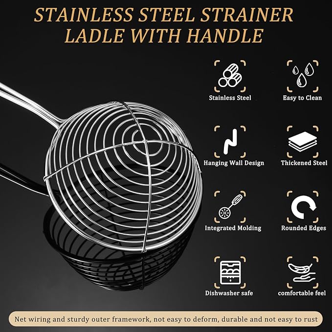 Geiserailie 8 Pieces 6 Pieces Hot Pot Kit Strainer Scoops Stainless Steel 2.5 Inch Mini Spider Strainer Skimmer Pasta Mesh Spoon Asian Skimmer Spoon Ladle with Handle for Home (Black)