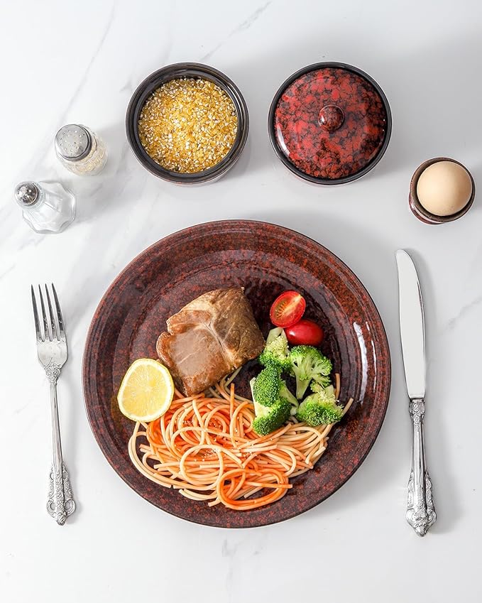 Hasense Ceramic Dinner Plates Set of 4, 10 Inch Large Red Pasta Dessert Salad Serving Plates, Stoneware Steak Plate Set, Microwave and Dishwasher Safe