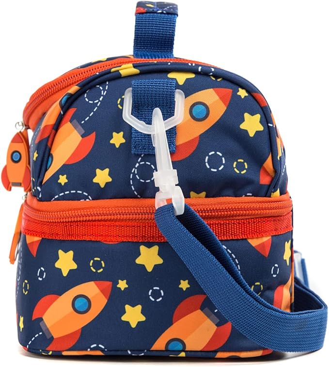Insulated Kids Dual Compartment Lunch Bags Tote for Girls Boys Toddler Lunch Boxes Pre-School Toddler Kindergarten Picnic Camp Food Cooler Thermal with Strap (Star Rocket)