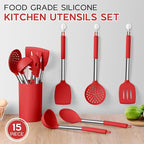 15 Pcs Silicone Cooking Utensils Set, Red Kitchen Utensils Spatula Set with Holder, Large Kitchen Gadgets Tools for Nonstick Cookware