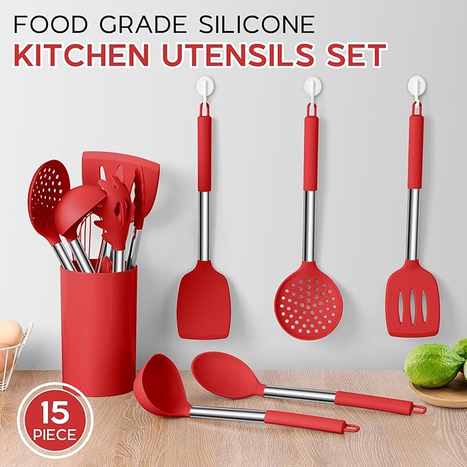 15 Pcs Silicone Cooking Utensils Set, Red Kitchen Utensils Spatula Set with Holder, Large Kitchen Gadgets Tools for Nonstick Cookware