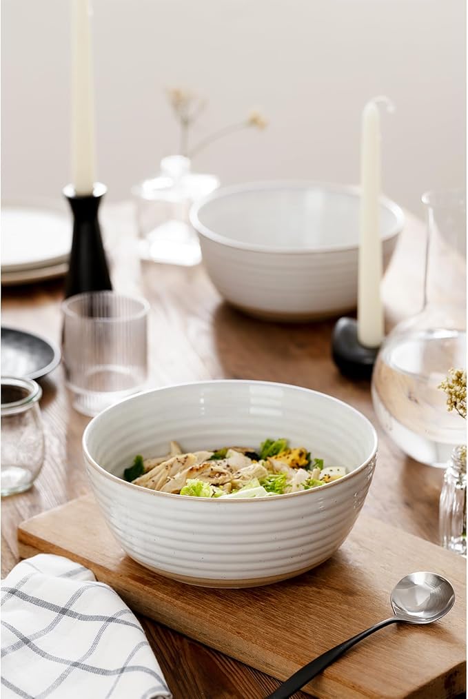 Large Serving Bowls Set of 2, 8 inch & 60 oz Salad Bowl, Bowls for Kitchen, Ceramic Bowl for Salad, Soup, Ramen, Popcorn, Chip, Farmhouse Kitchen Decorative, Vanilla White