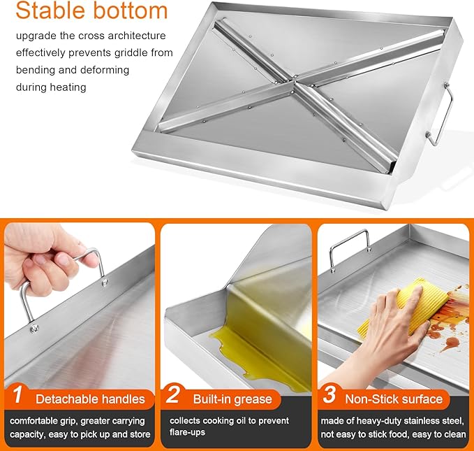 GGC Universal Griddle for Gas Grills, 25" x 16" Flat Top Griddle Plate for Gas Stove, Stainless Steel Griddle for Camping Stove, Nonstick Cooking Griddle for Charcoal, Tailgating, Parties